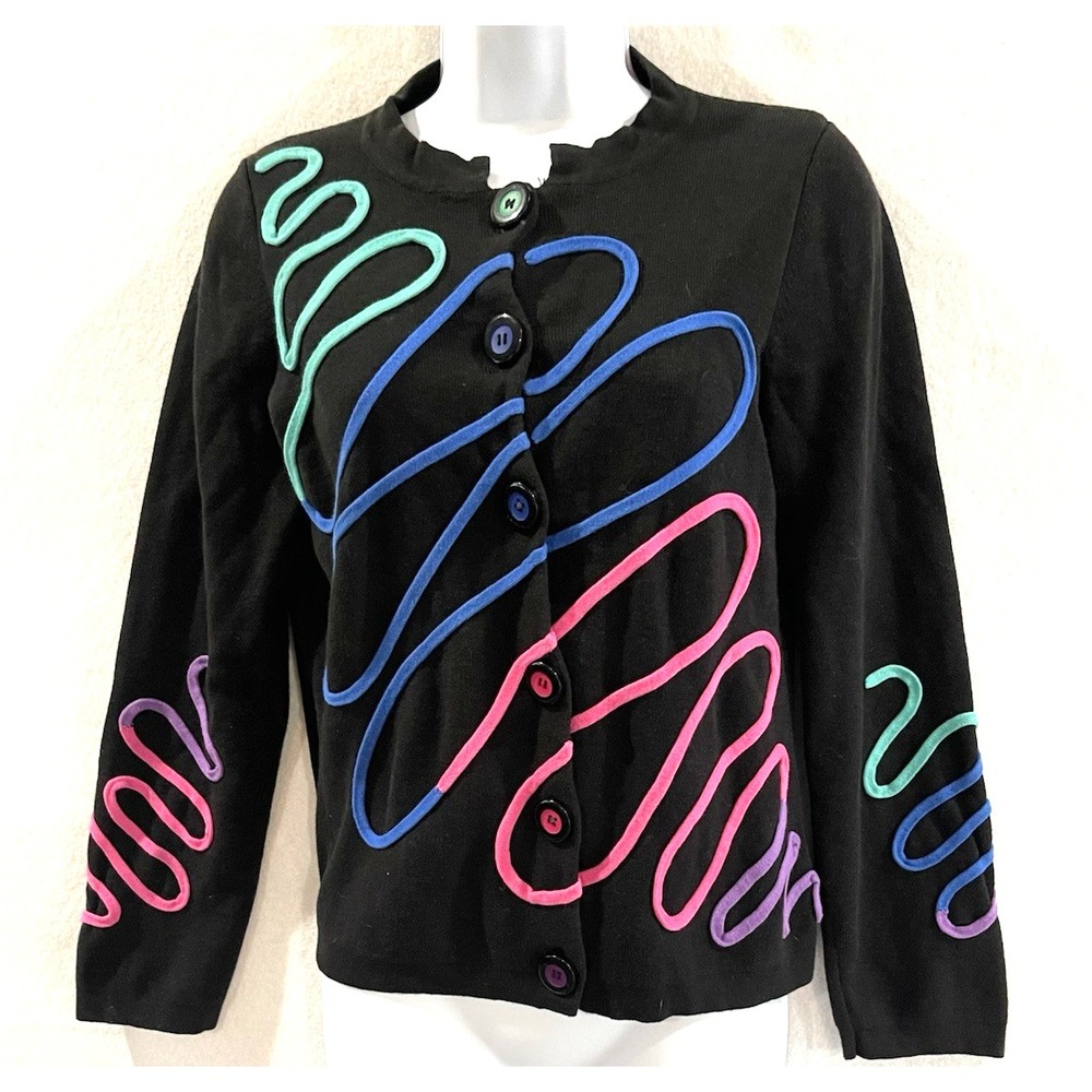 Rero Art Teacher 90's Belle Pointe Black Colorful Sweater Small 100% Cotton